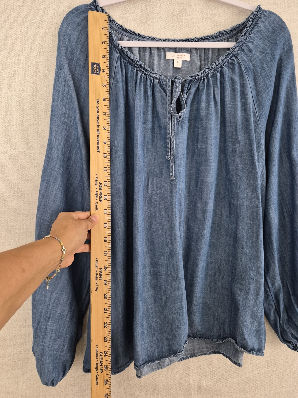 LC Lauren Conrad Blue Chambray Embroidered Tassel Peasant Blouse Size L SKU 0210 - Picture 3 of 12